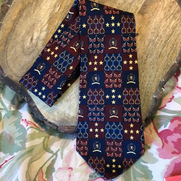 Vintage TOMMY HILFIGER 100% Silk Tie Equestrian Stars Tenniz Blue Gold USA NEW - Picture 1 of 13